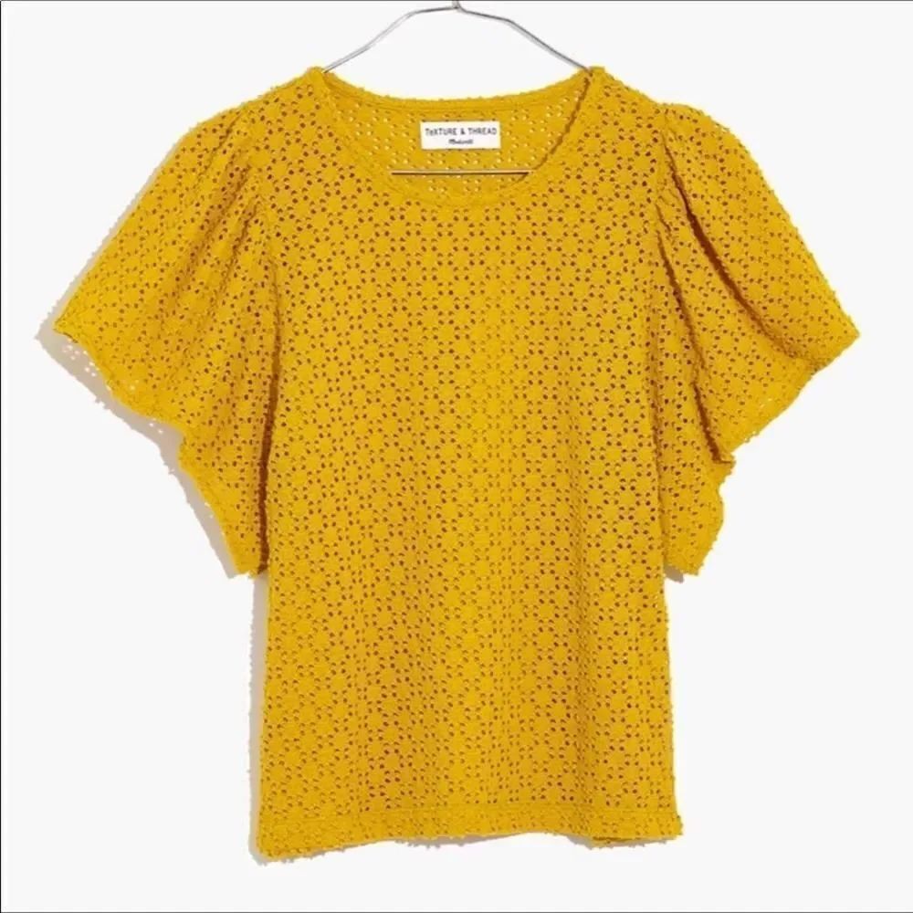 Madewell Yellow Eyelet Flutter-Sleeve Top